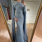 Serene Hill Pink Long Sleeves High Neck Muslim Mermaid Beaded Evening Party Gown Dress with Cape for Women DLA72533 Customized