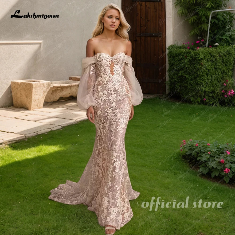 Lakshmigown Lantern Sleeves  Mermaid Wedding Dresses Beads Appliques Sweetheart Tulle Chapel Train Robe De Mariee Customized