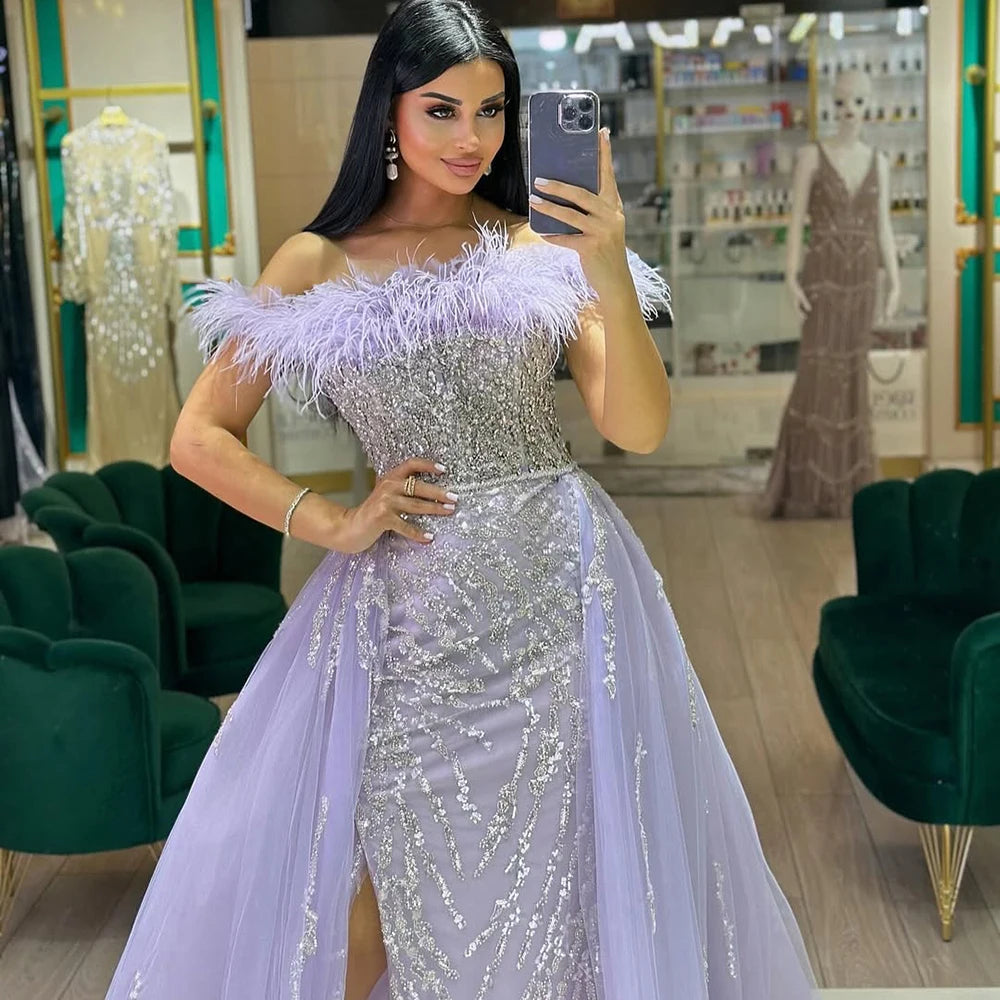Serene Hill Yellow Feathers Beaded Mermaid Evening Dresses with Overskirt Side Slit Party Gowns for Women DLA72061 Customized