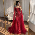 Serene Hill Red Square Collar A-Line Beaded Evening Dress with Cape Sleeves 2026 Party Gowns for Women DLA73089A Customized