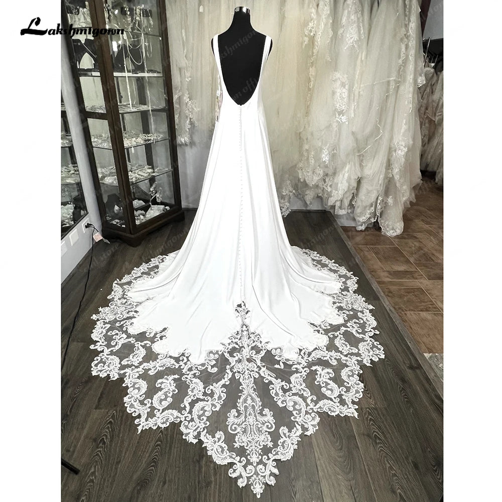 Lakshmigown Scoop Neck Lace Backless Soft Satin Wedding Dress for Women Customized Bridal Gown Court Train robe mariée sirene