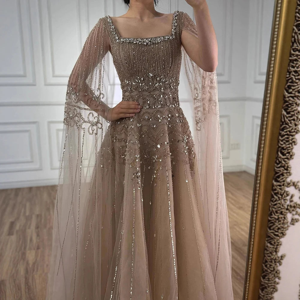 Serene Hill Red Square Collar A-Line Beaded Evening Dress with Cape Sleeves 2026 Party Gowns for Women DLA73089A Customized