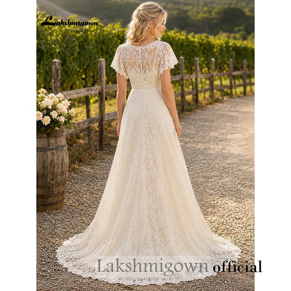 Lakshmigown Full Lace Wedding Dress Deep V‑Neck Short Cap Flutter Sleeves A‑Line Boho Bridal Gown For Country Outdoor Customized