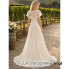 Lakshmigown Full Lace Wedding Dress Deep V‑Neck Short Cap Flutter Sleeves A‑Line Boho Bridal Gown For Country Outdoor Customized