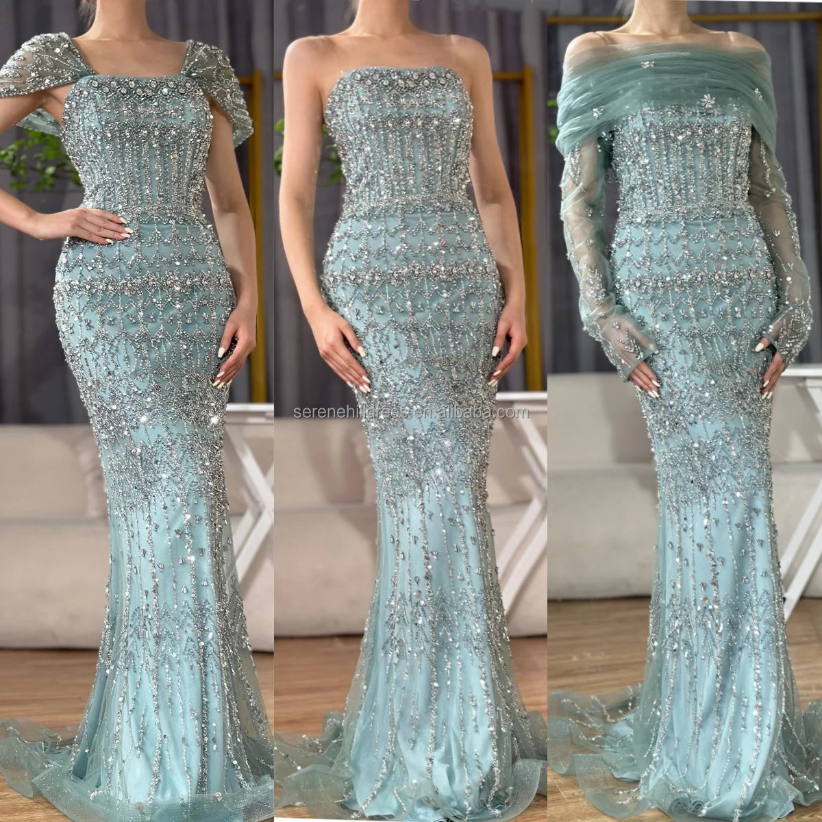 Serene Hill Blue Mermaid Beaded Evening Dresses with Detachable Sleeves Elegant Party Gowns for Women DLA72714 Customized