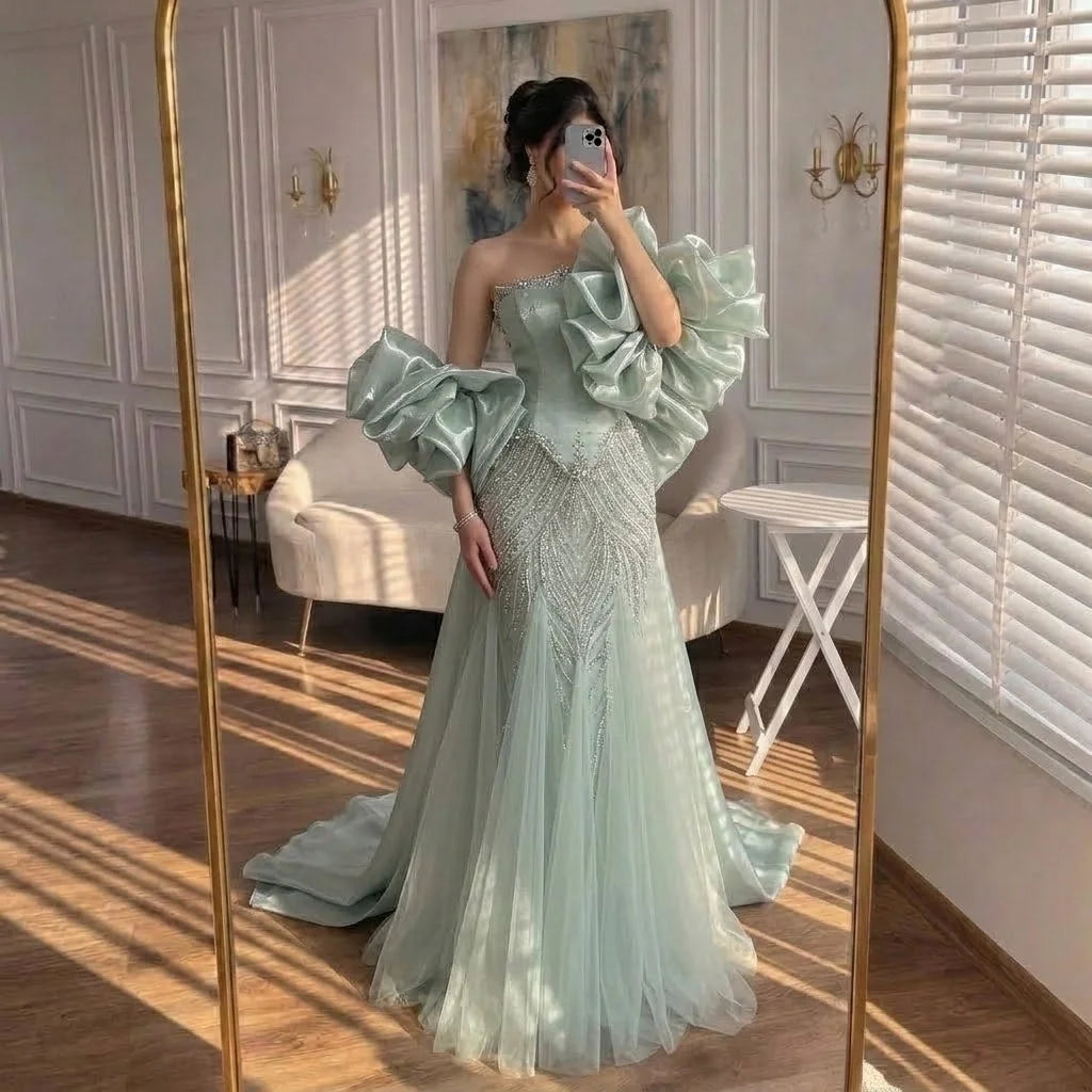 Serene Hill Luxury Sage Green Mermaid Evening Dress with Cape 2026 Elegant Beaded Party Gowns for Women DLA73201 Customized