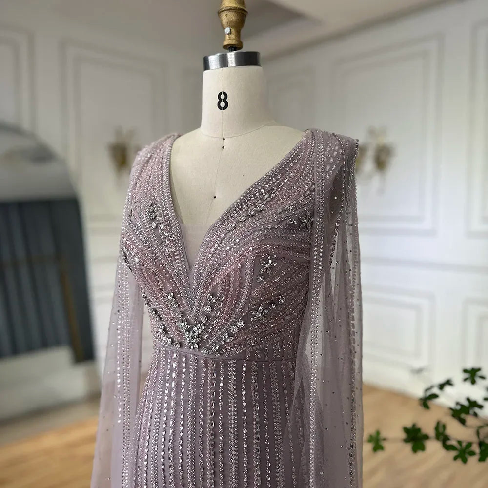 Serene Hill 2026 Customized Pink Cape Sleeves Mermaid Beaded Evening Dresses Gowns for Women Wedding Party 2025 DLA72864