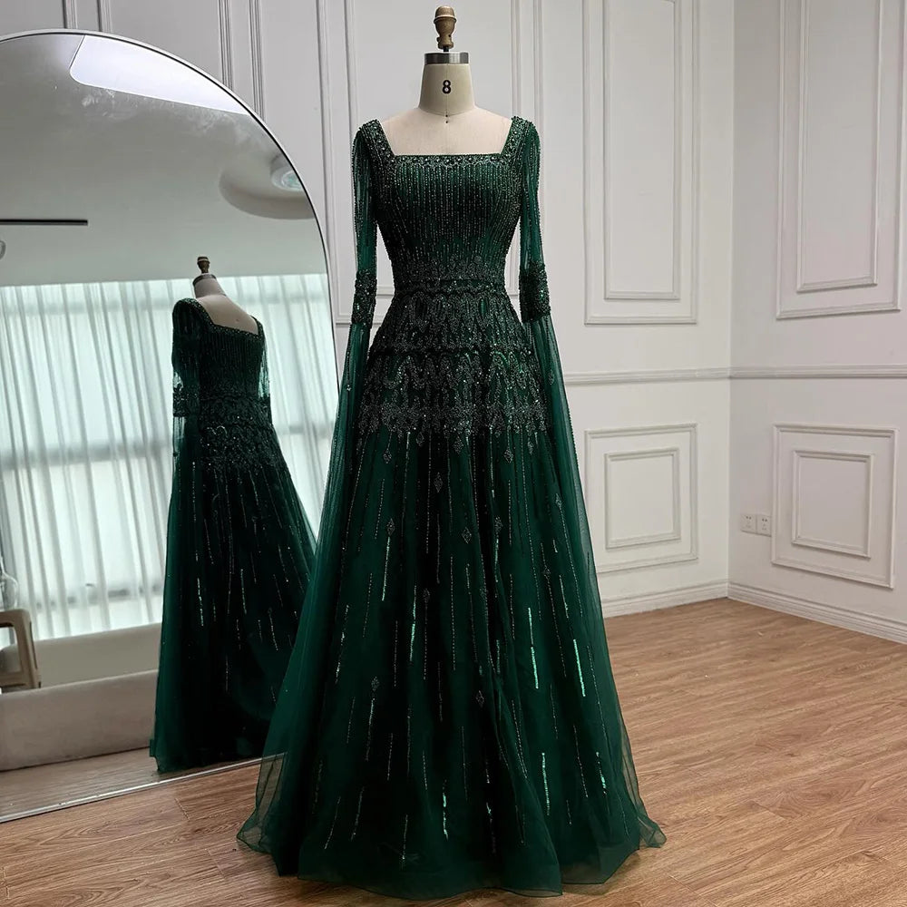 Serene Hill 2026 Customized Caramel Beaded A-Line Evening Dress with Cape Sleeves Formal Party Gowns for Women DLA73089