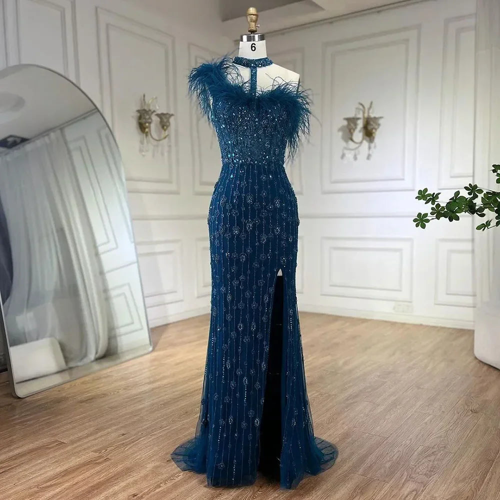 Customized Gray Halter Feathers Beaded Mermaid High Split Evening Dresses Formal Party Gowns for Women | Nightbubo