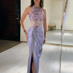 Serene Hill Customized 2025 Lilac Halter Side Slit Mermaid Evening Gown Wedding Party Bridesmaid Dress for Women DLA72668