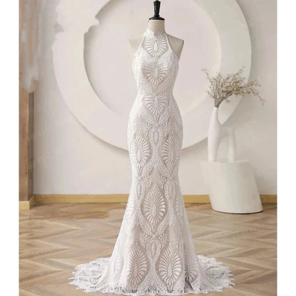 Lakshmigown Bohemian Wedding Dress for bride 2026 Halter Lace Boho Backless Beach Wedding Gown Vestido de novia Customized