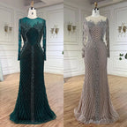 Serene Hill Customized Sliver Nude Long Sleeves Pearls Beaded Luxury Evening Dresses Formal Party Gowns for Women DLA72478