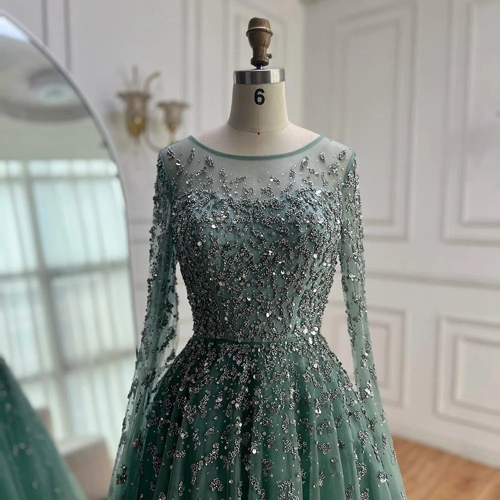 Serene Hill Turquoise A-line Beaded Evening Dress with Cape Sleeves Elegant Party Gowns for Women Customized DLA72965