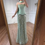 Vestido de Noite de Sereia com Contas Verde Sálvia de Luxo LA73050C