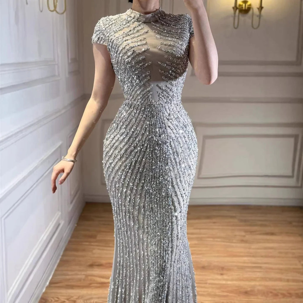 Serene Hill Silver 2026 High Neck Cap Sleeve Mermaid Evening Dress Luxury Beaded Party Gowns Vestidos Customized DLA73221
