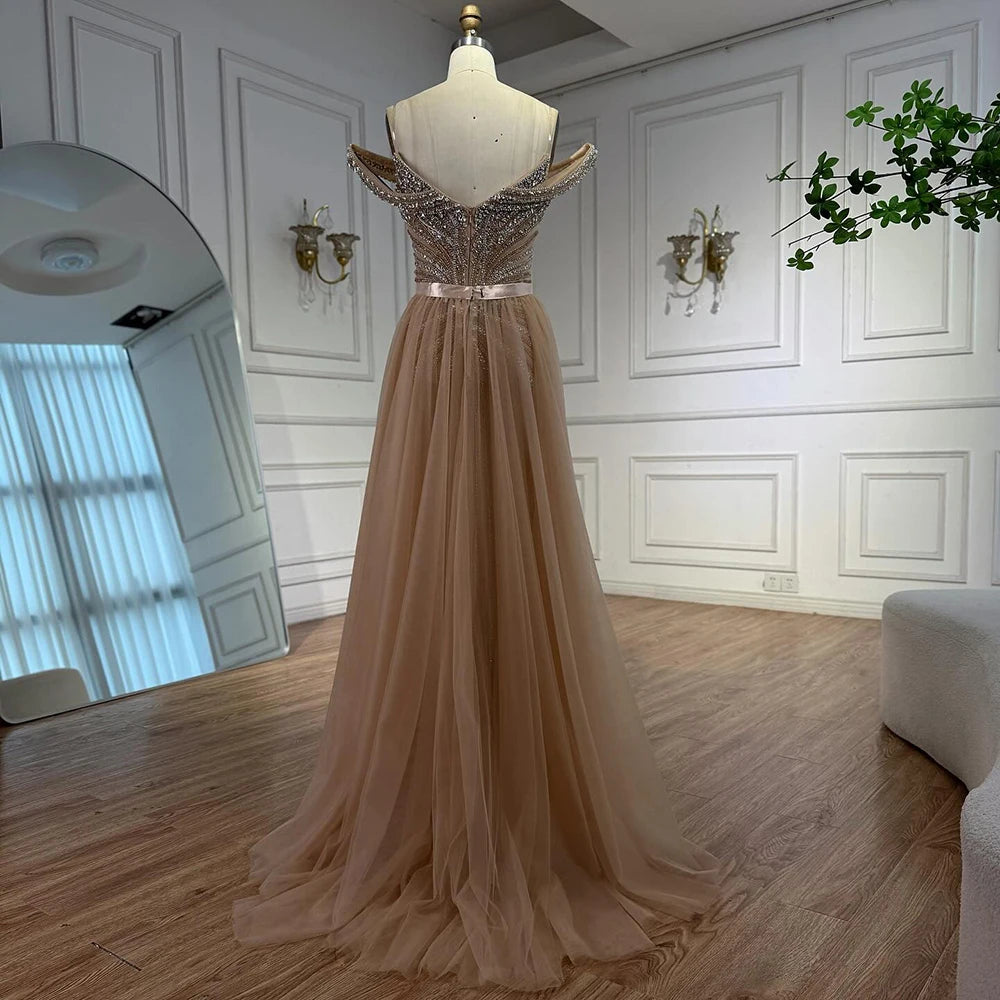 Serene Hill 2026 Nude Luxury Beaded Mermaid Off Shoulder Evening Dress Formal Party Gowns for Women Customized DLA73128