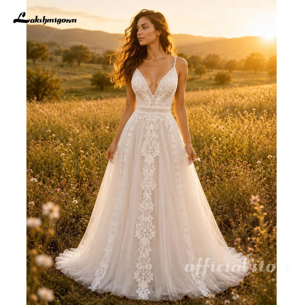 Lakshmigown Boho Lace Tulle A-Line Wedding Dress with V-Neck Spaghetti Straps Low Back Romantic Bridal Gown For Outdo Customized