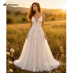 Lakshmigown Boho Lace Tulle A-Line Wedding Dress with V-Neck Spaghetti Straps Low Back Romantic Bridal Gown For Outdo Customized