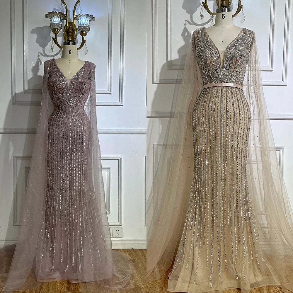 Serene Hill 2026 Customized Pink Cape Sleeves Mermaid Beaded Evening Dresses Gowns for Women Wedding Party 2025 DLA72864