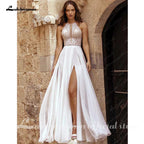 Lakshmigown Halter Neck Lace Chiffon Flowy Outdoor Boho Split Side Wedding Dress for Women 2026 Backless Bridal Gown Customized