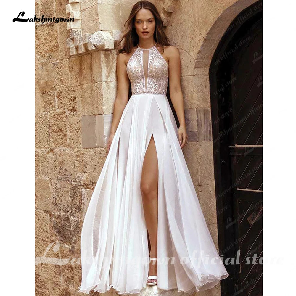 Lakshmigown Halter Neck Lace Chiffon Flowy Outdoor Boho Split Side Wedding Dress for Women 2026 Backless Bridal Gown Customized