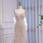Abito da sera sirena in pizzo lussuoso con perle e guanto bianco nude LA72345E