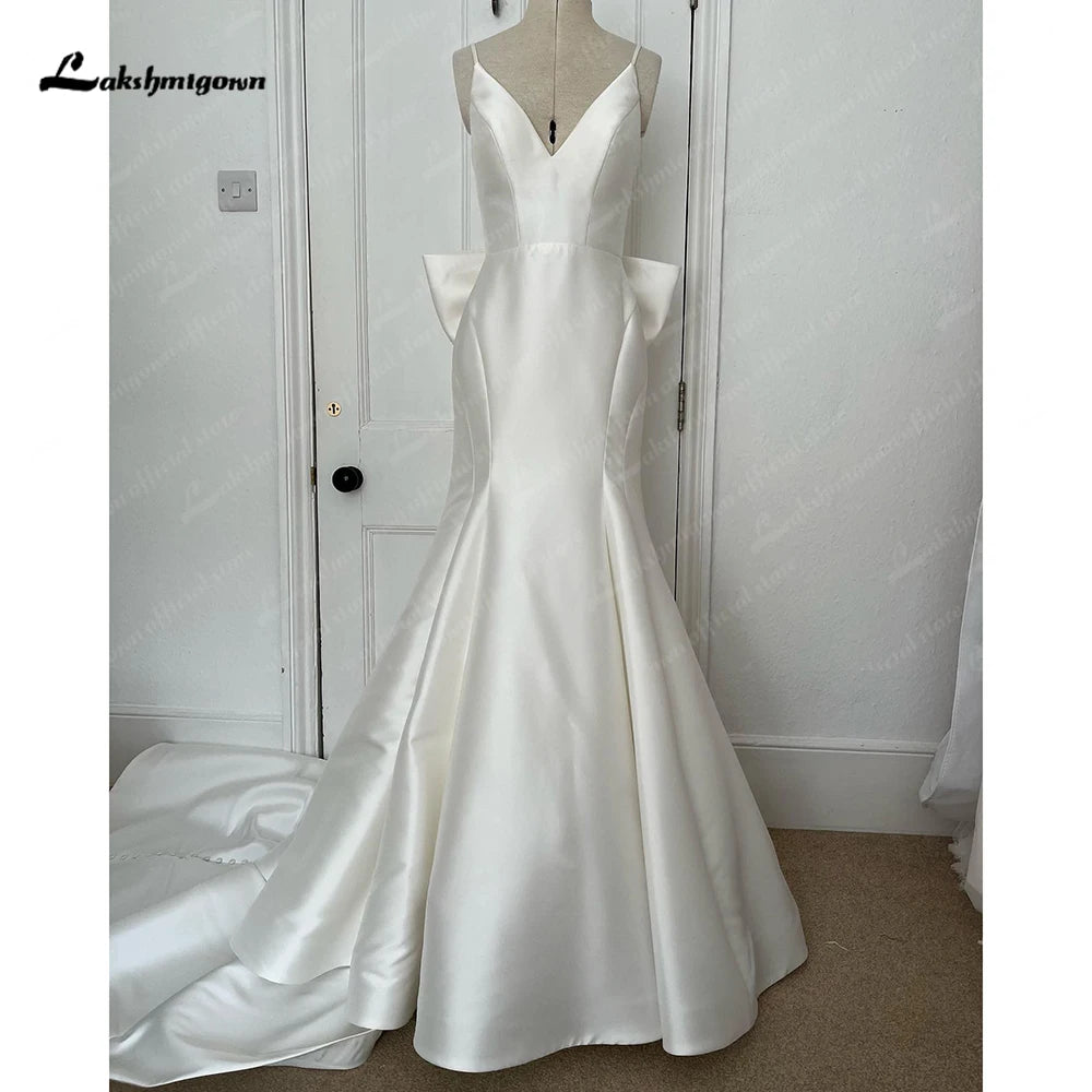 Lakshmigown Satin Mermaid Wedding Dress Spaghetti Straps Vestido Civil Princess Bridal Dress Backless with Bow