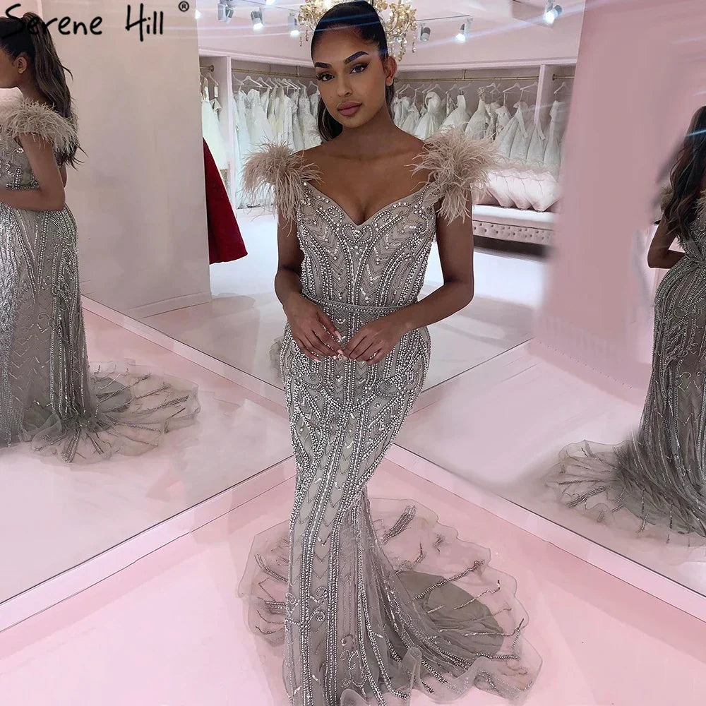 Customized Lilac Feathers Beaded Mermaid Evening Dresses Elegant Party Gowns for Women | Nightbubo