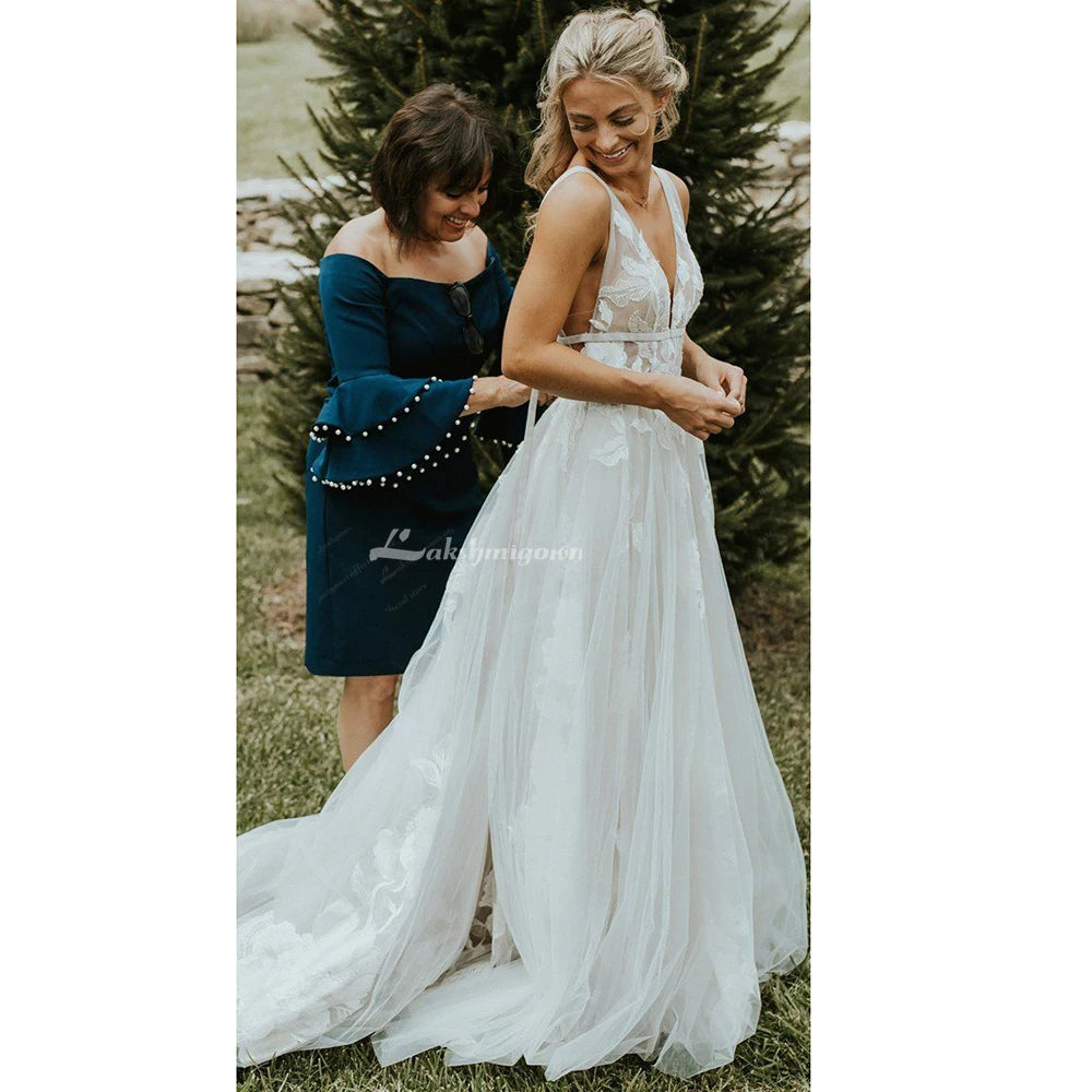 Lakshmigown V-neck Lace Wedding Dress with Appliques Floor-Length A-Line Tulle Bridal Gowns Customized