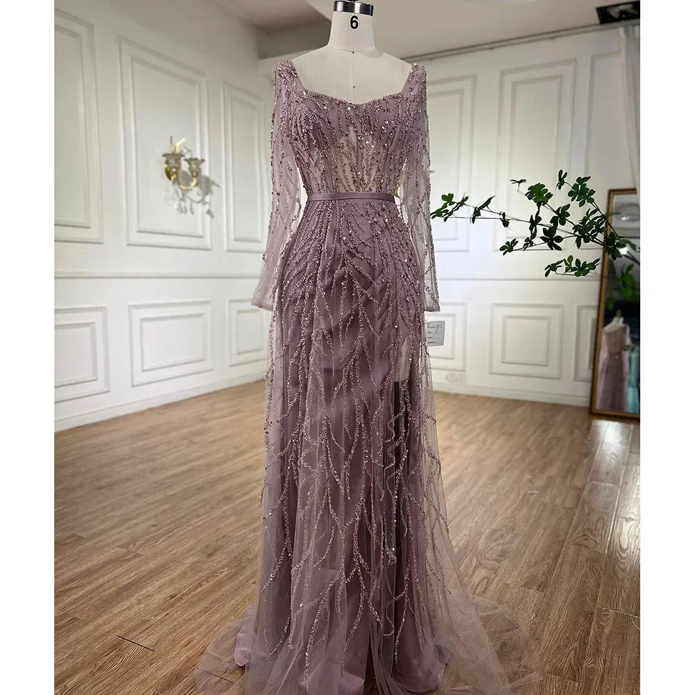 Serene Hill Customized Pink Long Sleeves Mermaid Split Beaded Two Pieces Evening Dresses 2025 Party Gowns For Women DLA71917