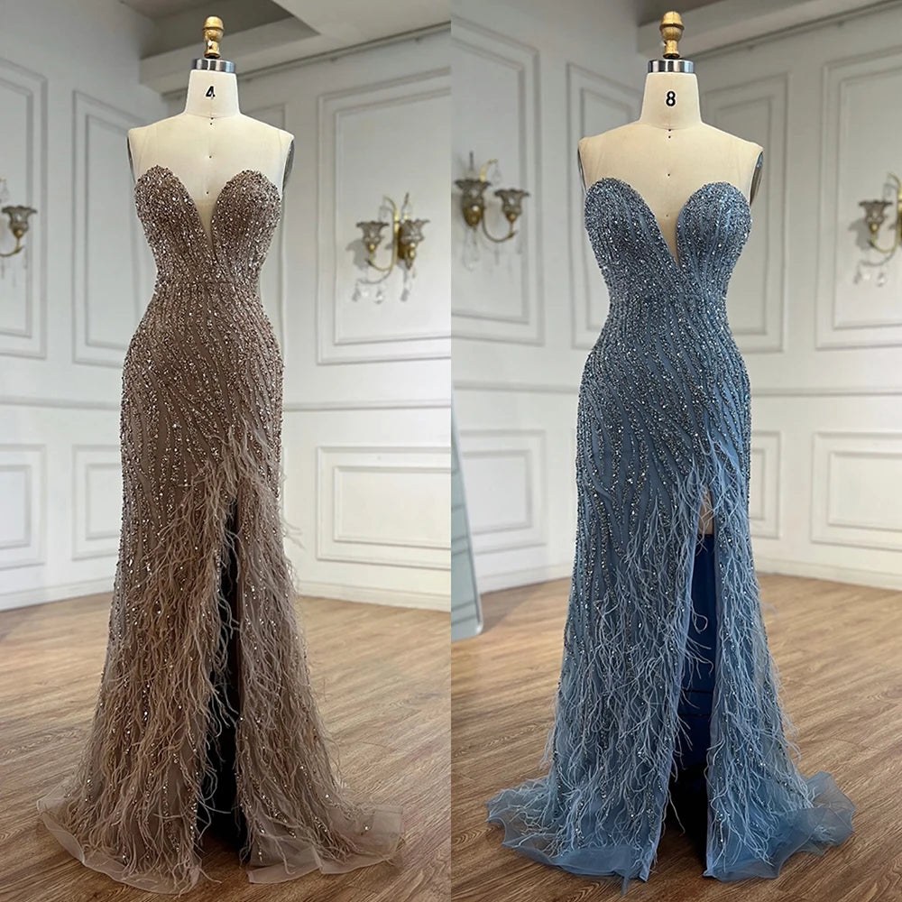 Serene Hill Customized 2025 Strapless Blue Luxury Beaded Feathers Slit Open Evening Party Gowns for Women DLA72695