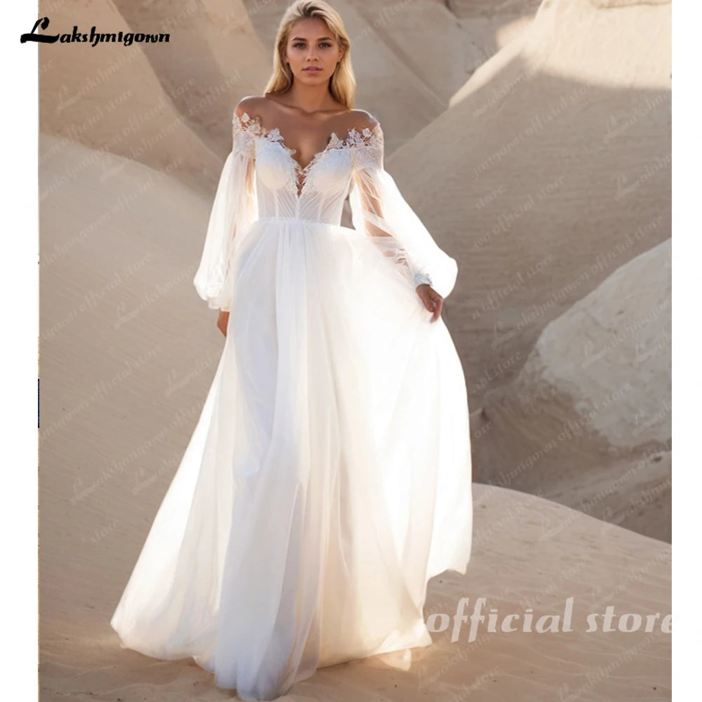 Lakshmigown Puffy Long Sleeves Women Wedding Dresses 2025 New Sexy Deep-V A-Line Bridal Gowns Plus Size Customized
