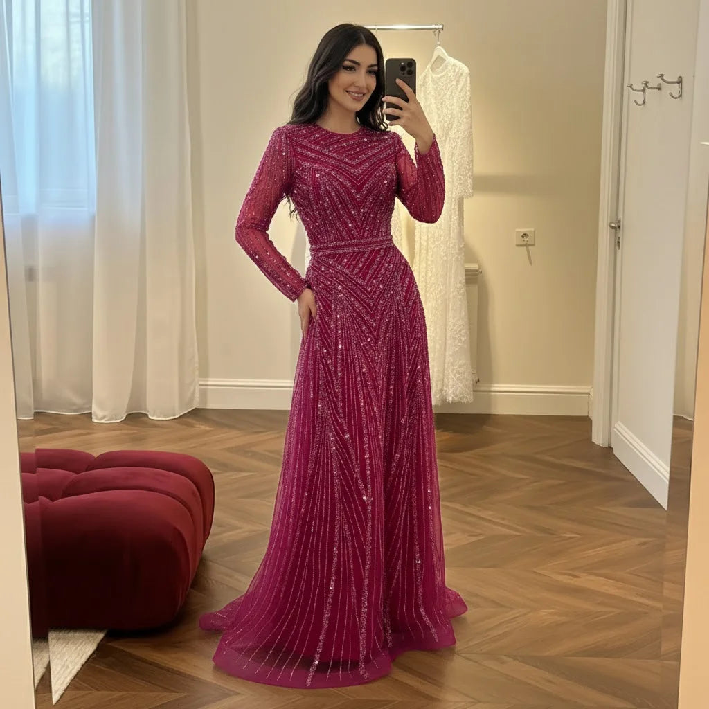 Serene Hill Nude Crew Neck A-line Long Sleeves Evening Dress Beaded Wedding Party Gowns for Women 2026 Customized DLA73208