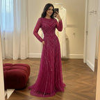 Serene Hill Nude Crew Neck A-line Long Sleeves Evening Dress Beaded Wedding Party Gowns for Women 2026 Customized DLA73208