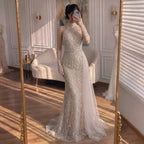 Serene Hill White Nude Pearls Halter Mermaid Evening Gowns with Gloves Formal Party Dresses for Women 2026 Customized DLA72345F