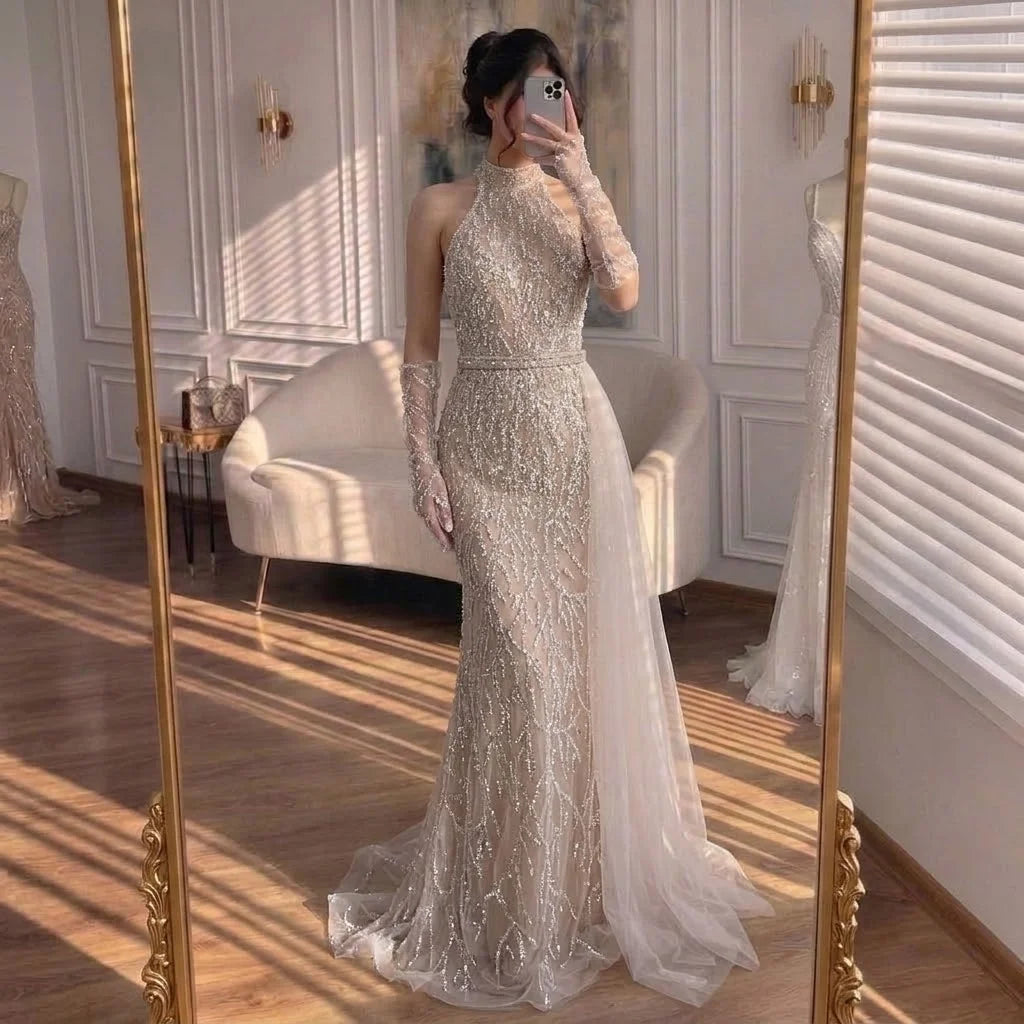 Serene Hill White Nude Pearls Halter Mermaid Evening Gowns with Gloves Formal Party Dresses for Women 2026 Customized DLA72345F
