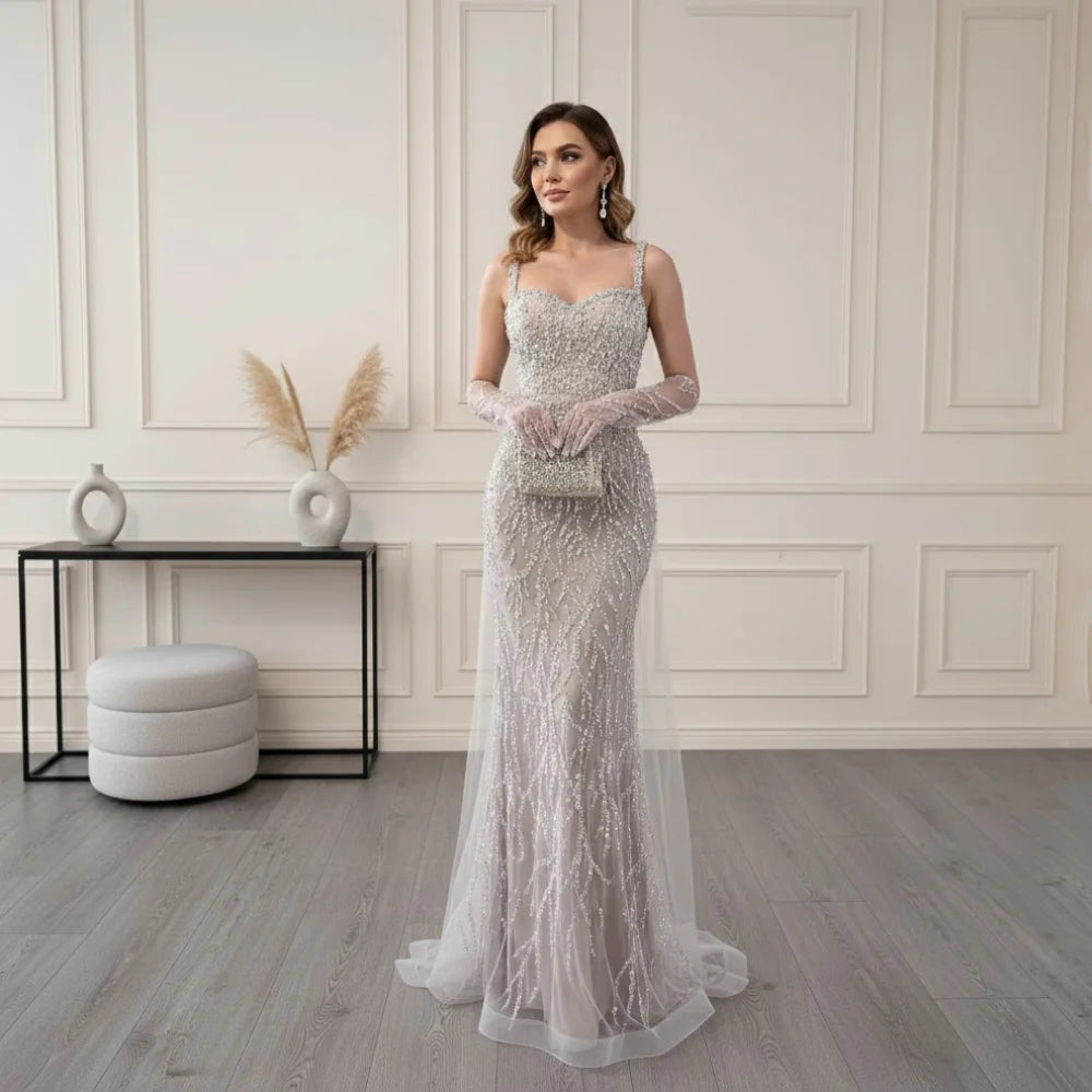 Serene Hill White Nude Mermaid Pearls Evening Dresses with Gloves Wedding Party Gowns for Women 2026 Customized DLA72345E