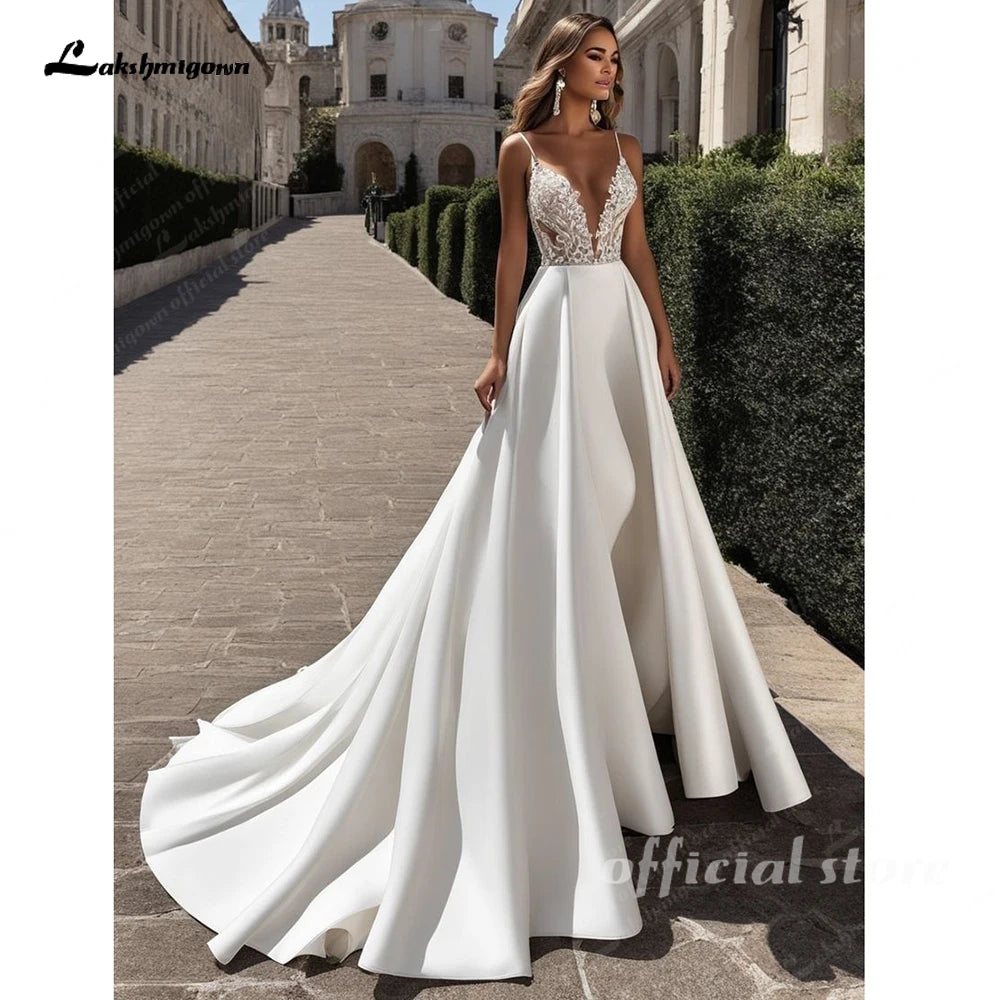Lakshmigown Sexy Boho V-Neck Satin Lace Wedding Dress with Pocket for Women Appliques Straps A-Line Vestidos De Novia Customized