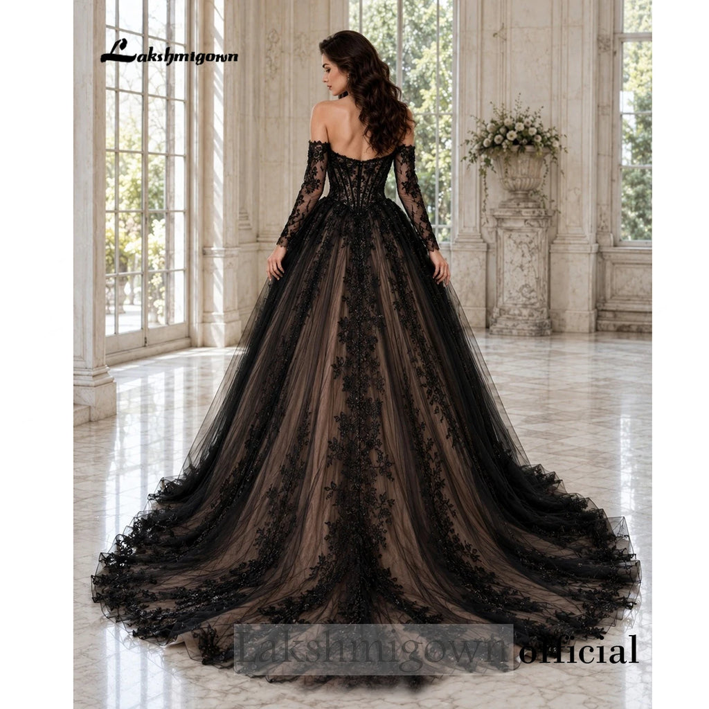 Lakshmigown Off‑the‑Shoulder Gothic Wedding Dress Detachable Long Sleeve Black Lace Appliques Corset Bodice Ball Gown Customized