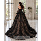 Lakshmigown Off‑the‑Shoulder Gothic Wedding Dress Detachable Long Sleeve Black Lace Appliques Corset Bodice Ball Gown Customized