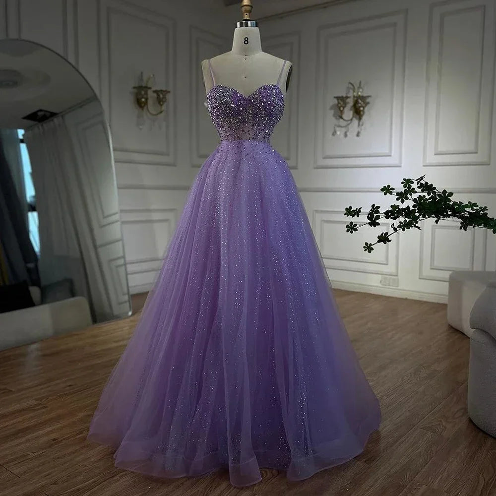 Serene Hill Customized Lilac Spaghetti Strap A Line Beaded Evening Prom Dresses Dubai Party Gowns for Women 2025 DLA72571