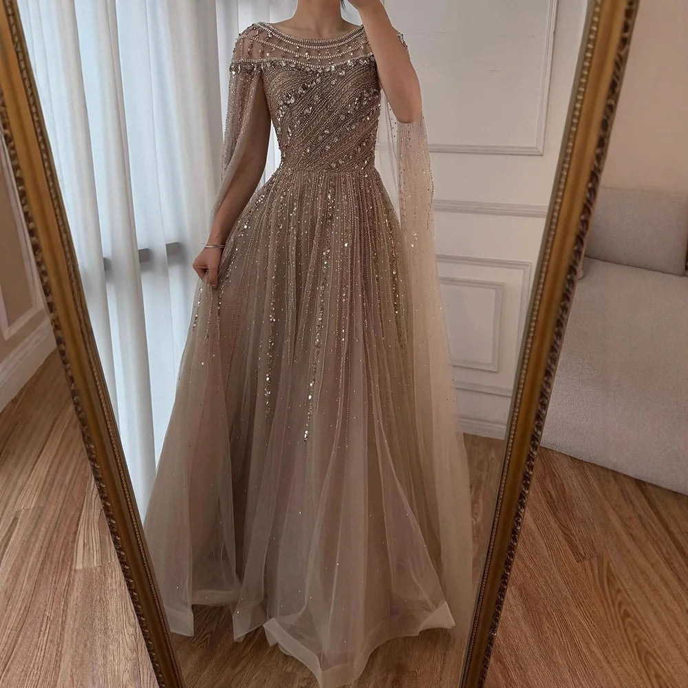 Serene Hill Pink A-line Evening Dress with Cape Sleeves Beaded Wedding Party Gowns for Women DLA72994 Customized