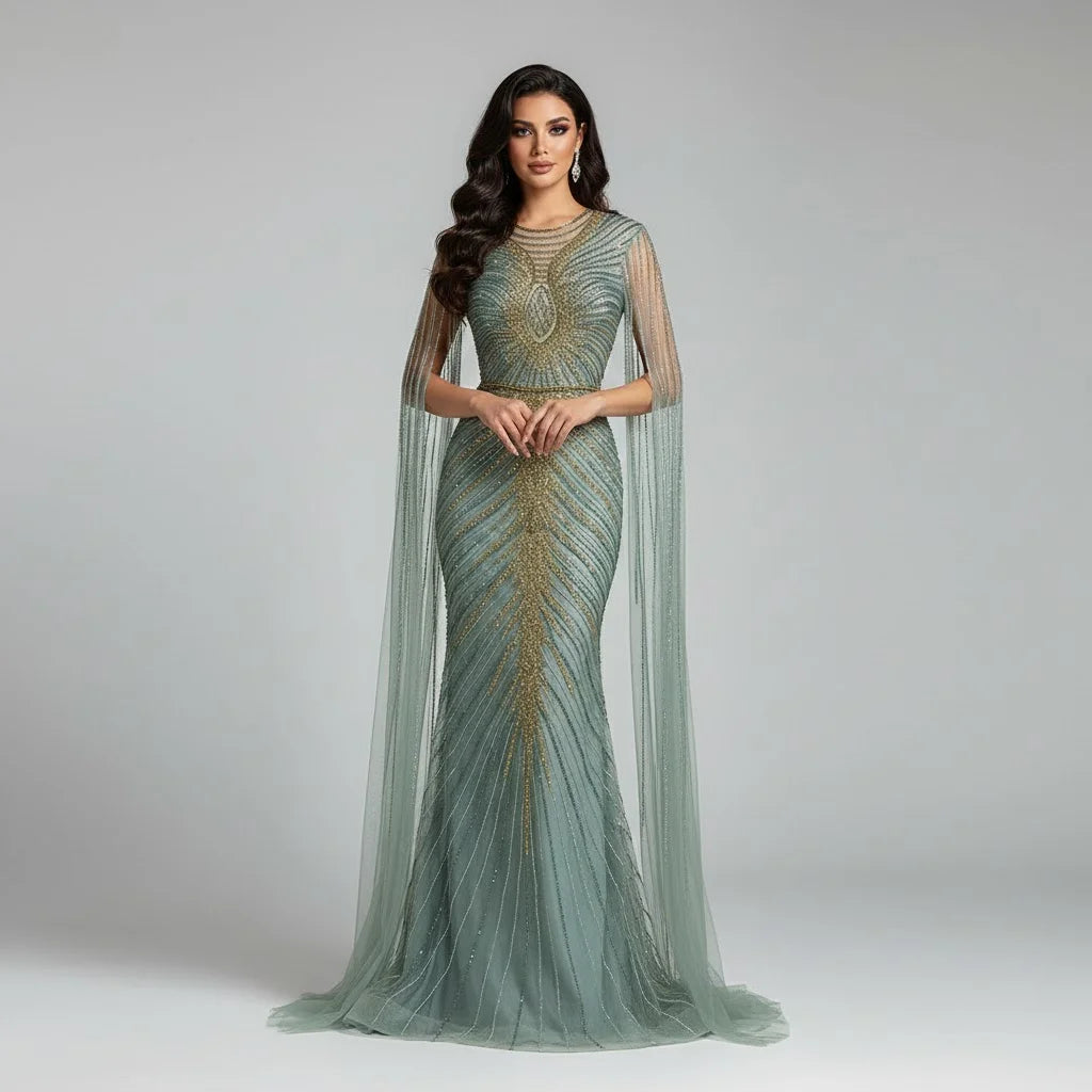 Serene Hill Luxury Beaded Mermaid Evening Dresses with Cape Sleeves Caramel Formal Party Gown for Women Customized DLA72940