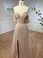 Serene Hill Customized Turquoise Off Shoulder Mermaid Beaded Evening Dresses Overskirt Split Party Gowns for Women rts DLA71728