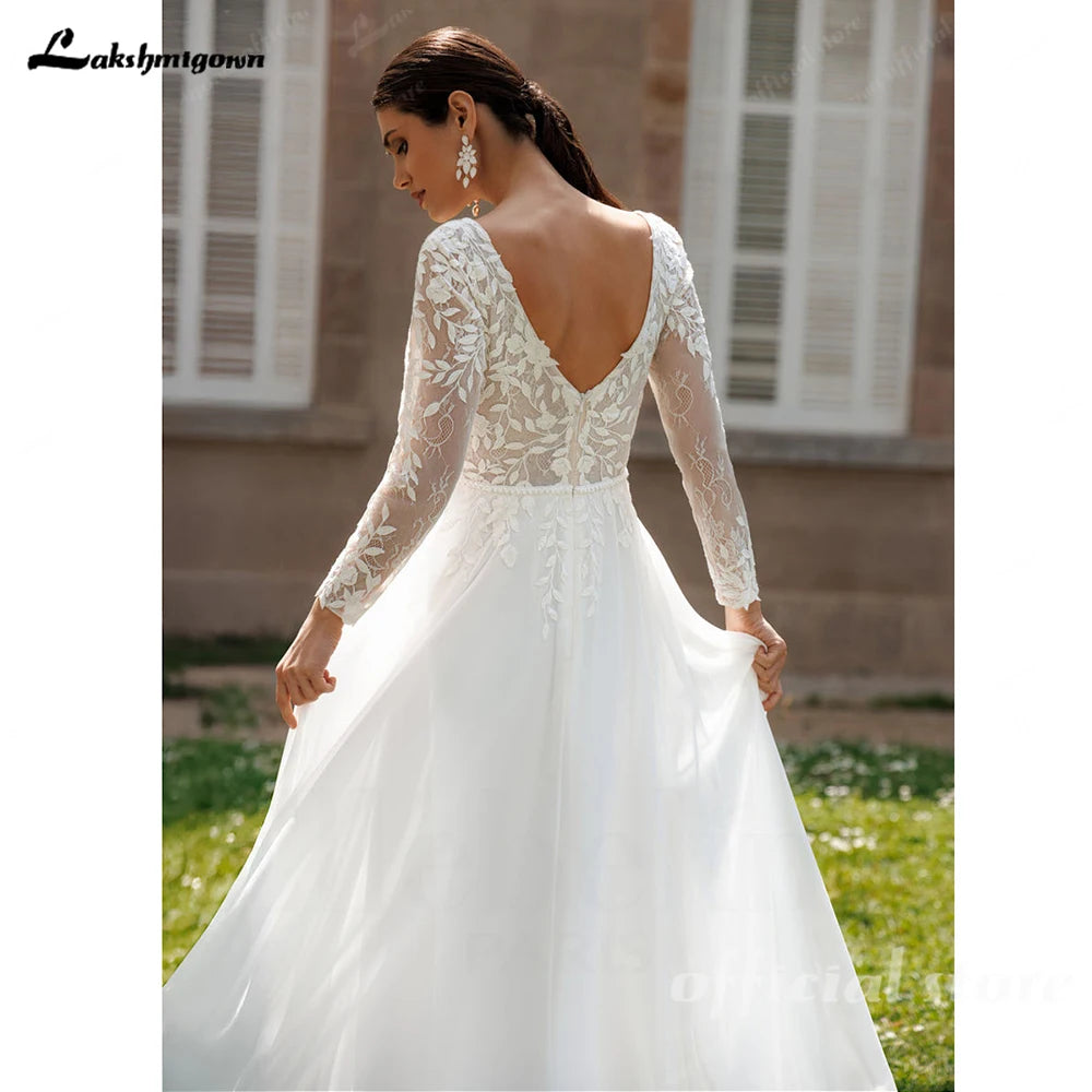 Lakshmigown Lace V-Neck Chiffon Wedding Dress for Women A-Line Sweep Train Backless Vestidos De Novia  Customized