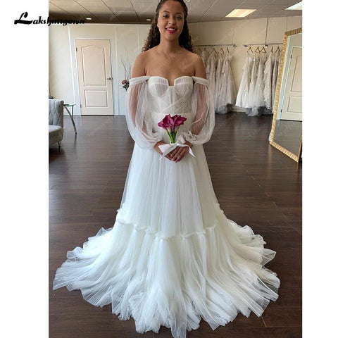 NumberSea Schulterfreies Brautkleid mit langen Ärmeln für Frauen 2025 Robe Longue Pleat Soft Tulle Brautkleider 