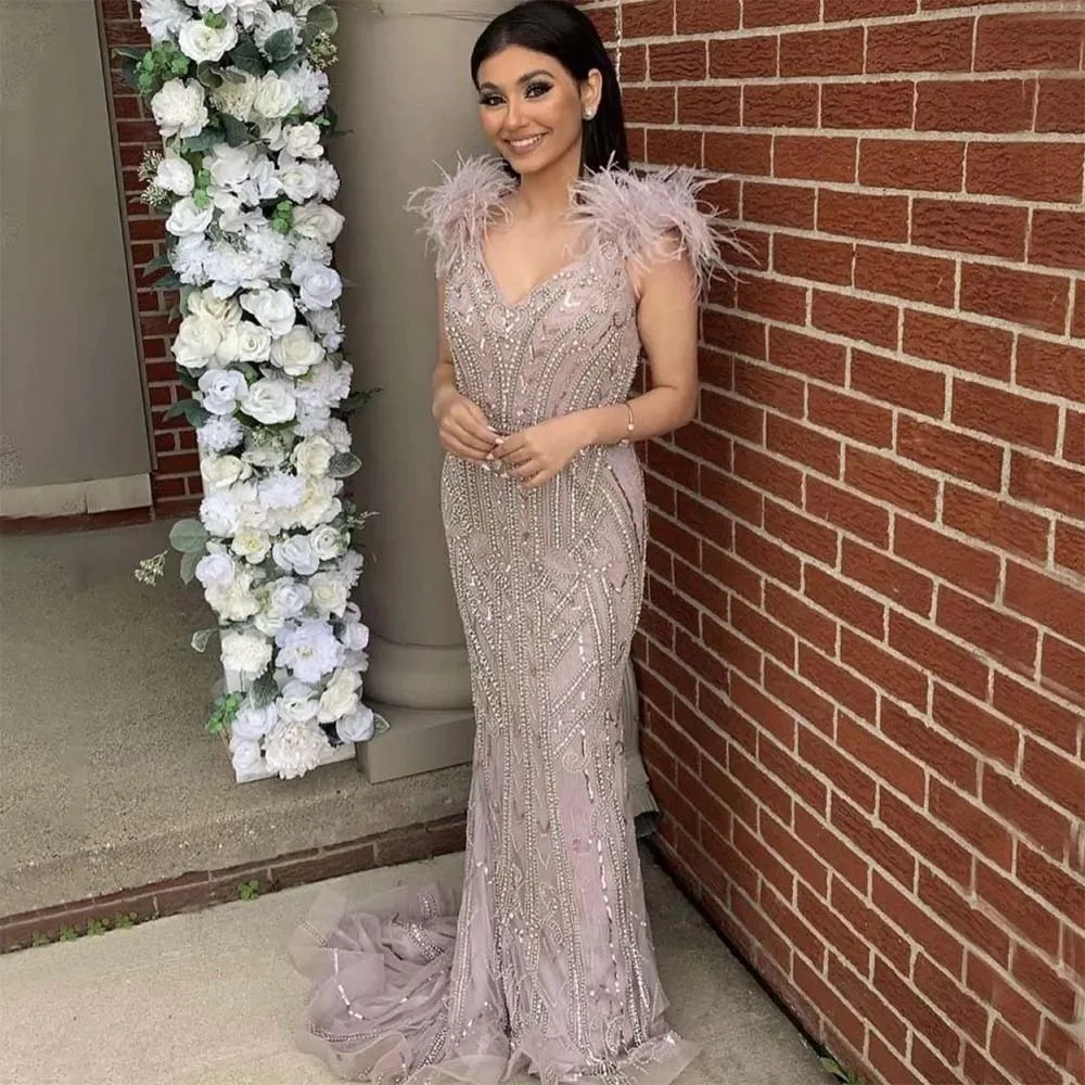 Serene Hill Customized Lilac Feathers Beaded Mermaid Evening Dresses 2025 Elegant Party Gowns for Women DLA70830