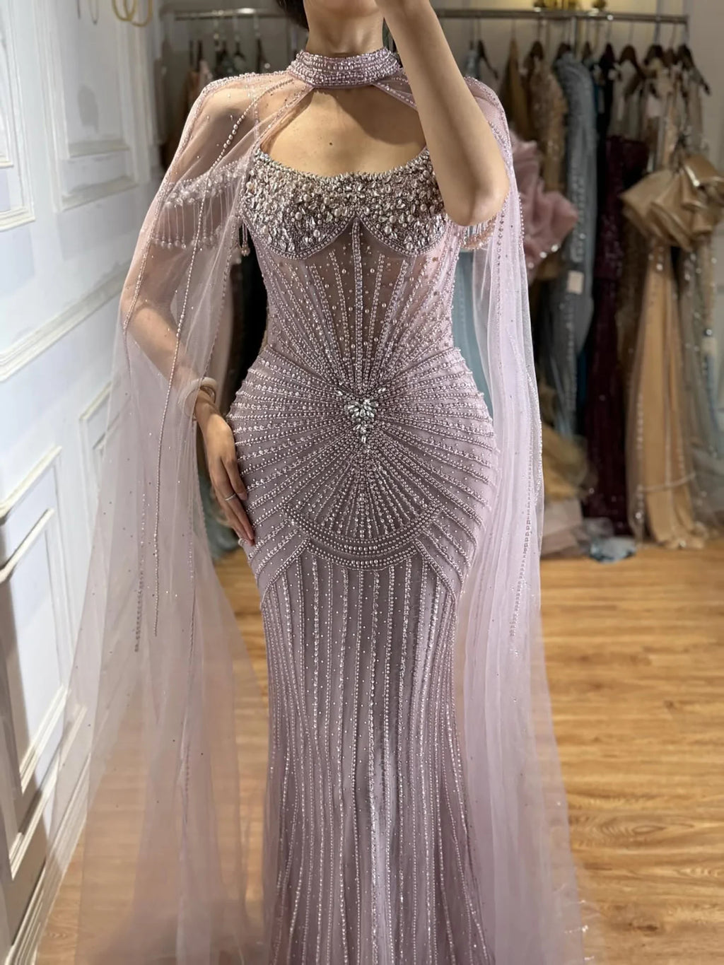 Serene Hill Caramel Pearl Beaded Illusion Mermaid Evening Gown 2026 Party Dresses with Sheer Cape DLA73148C Customized