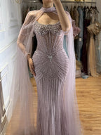 Serene Hill Caramel Pearl Beaded Illusion Mermaid Evening Gown 2026 Party Dresses with Sheer Cape DLA73148C Customized