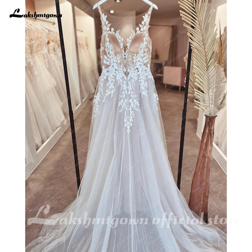 Lakshmigown Illusion Wedding Dress Sleeveless Backless O-Neck Bride Dress See Through Appliques Formal Robe De Marie